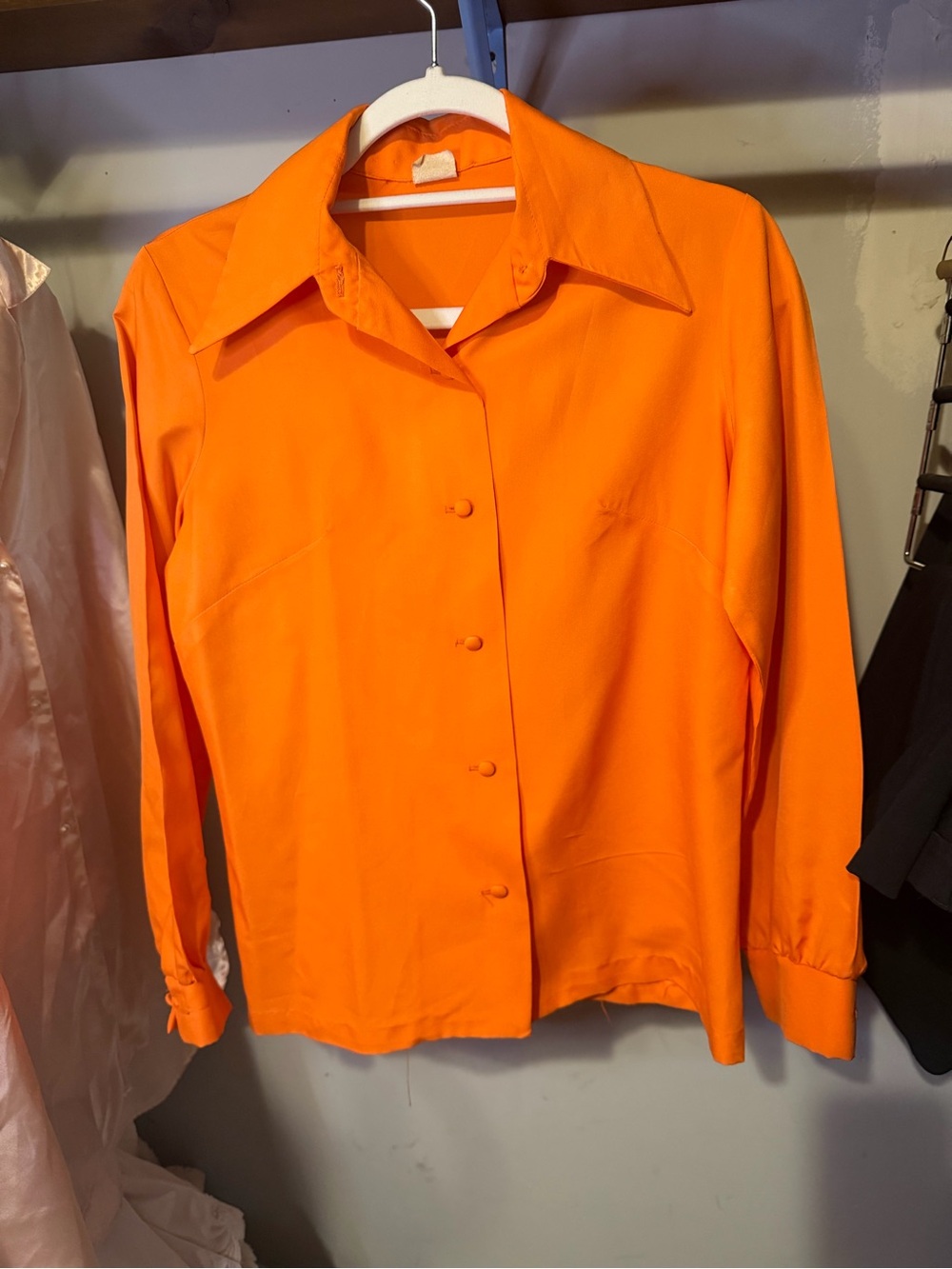 Vintage 70s Bright Orange Dagger Collar Disco Button Down Shirt